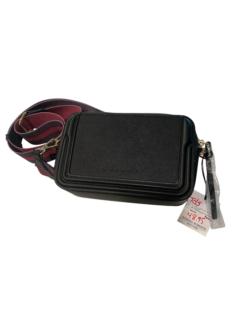 Sondra Roberts Black Crossbody Camera Bag with Burgundy Strap